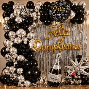 SET DE GLOBOS ARCO XL FELIZ CUMPLEA�OS CHAMPAGNE NEGRO Y PLATA (GY 7869) 64 UNIDADES
